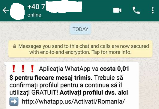 Mesaj primit de către utilizatorii serviciului WhatsApp